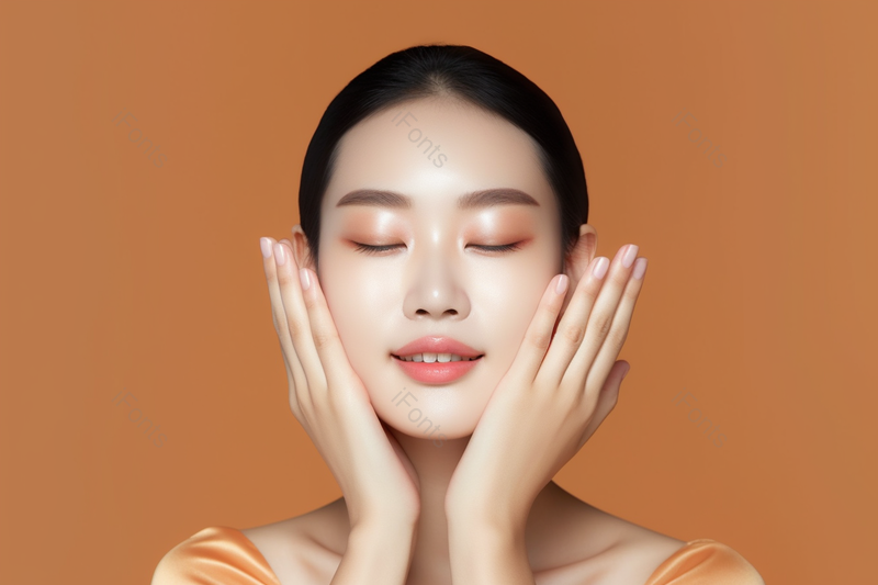 美女美白护肤肌肤保养补水洗脸动作黄色背景,高清,摄影图,摄影图片,图片大全,摄影图免费下载